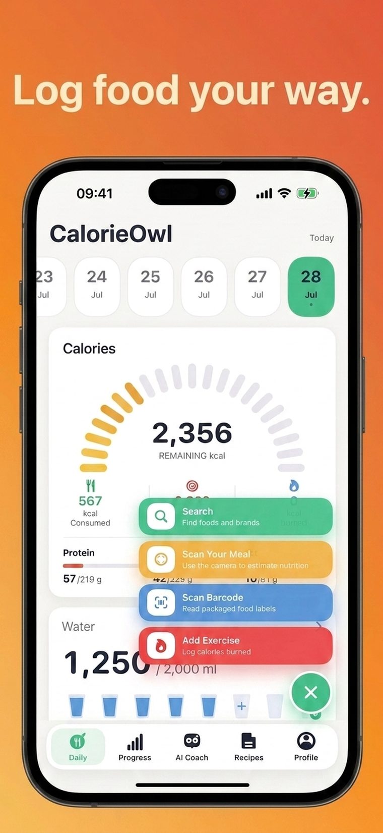 Menu showing search, scan meal, scan barcode and add exercise options