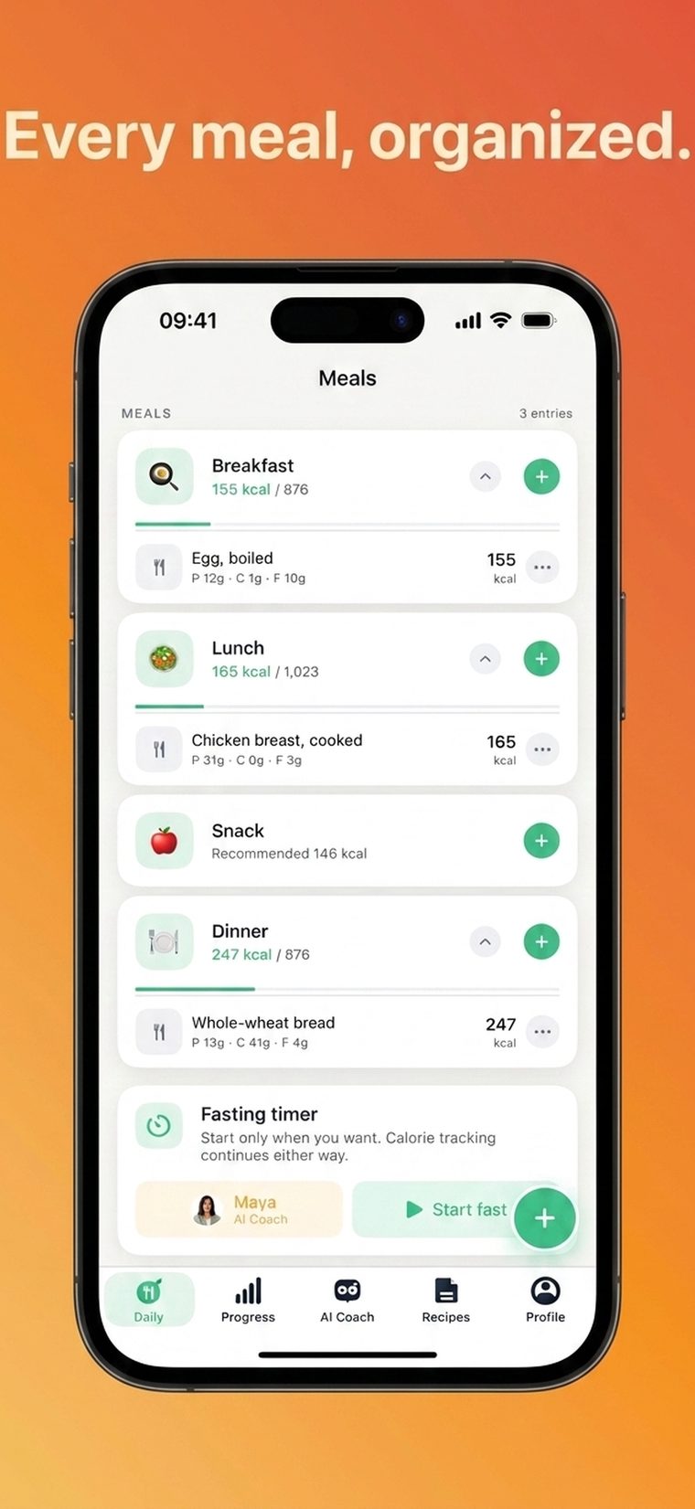 Meals screen organized into breakfast, lunch, dinner and fasting timer