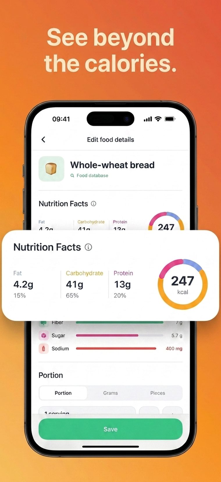 Detailed nutrition facts panel with fat, carbs and protein