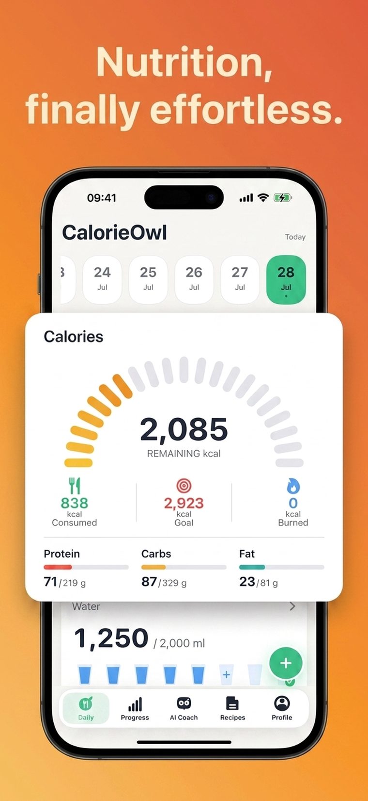 CalorieOwl daily calorie and macro dashboard