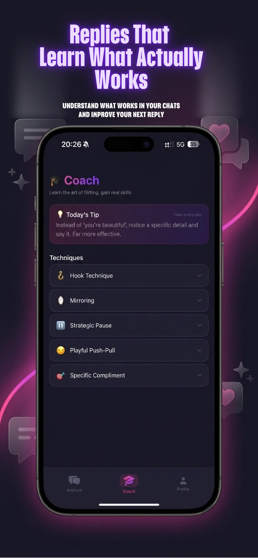 Replies that learn what actually works, coach screen in Charm AI