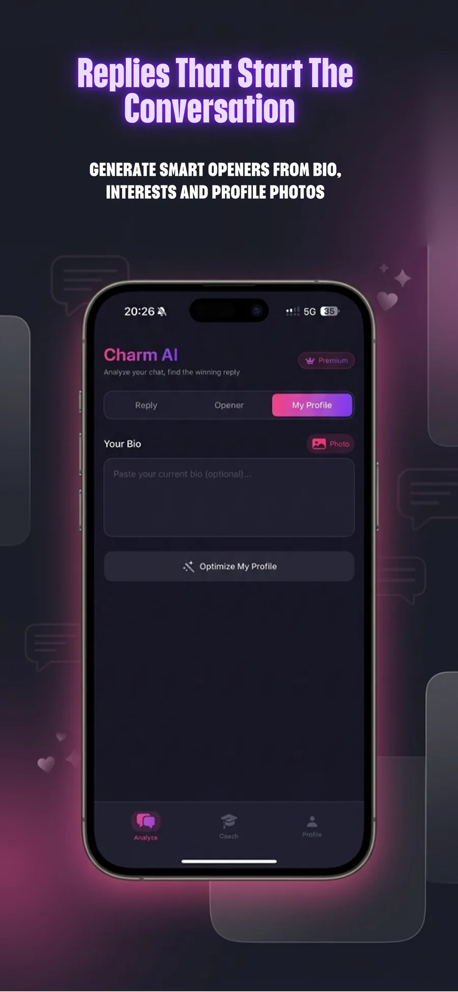 Replies that start the conversation, profile screen in Charm AI