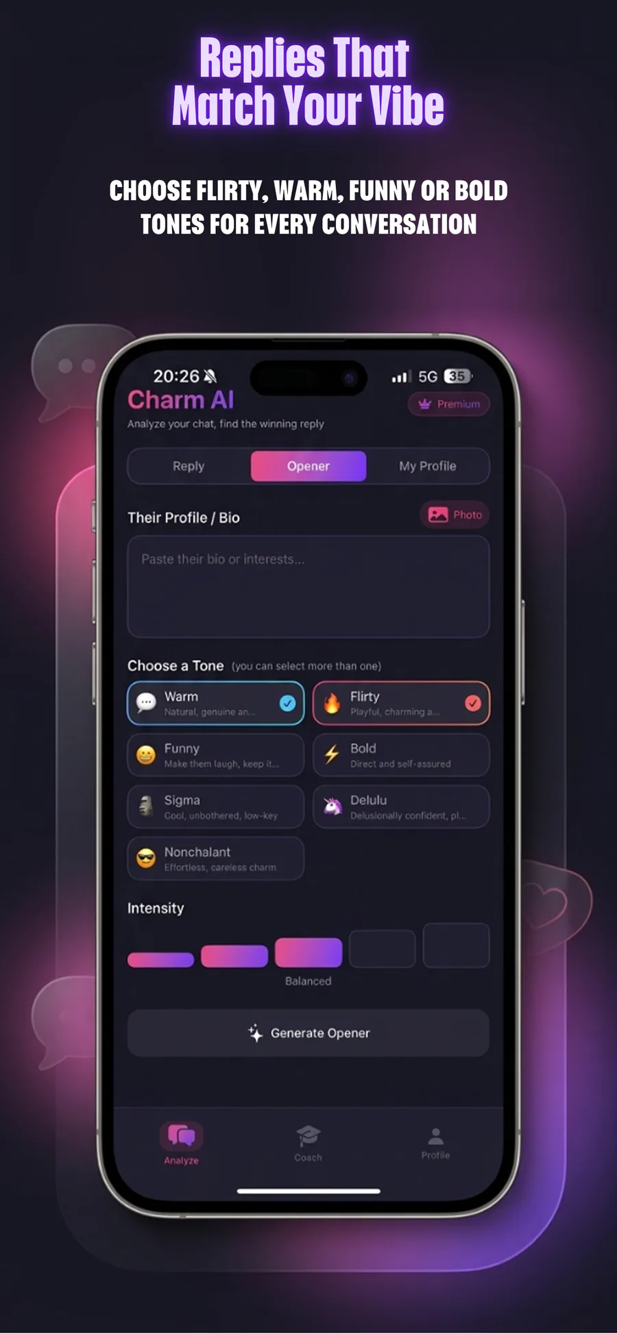 Replies that match your vibe, opener screen in Charm AI
