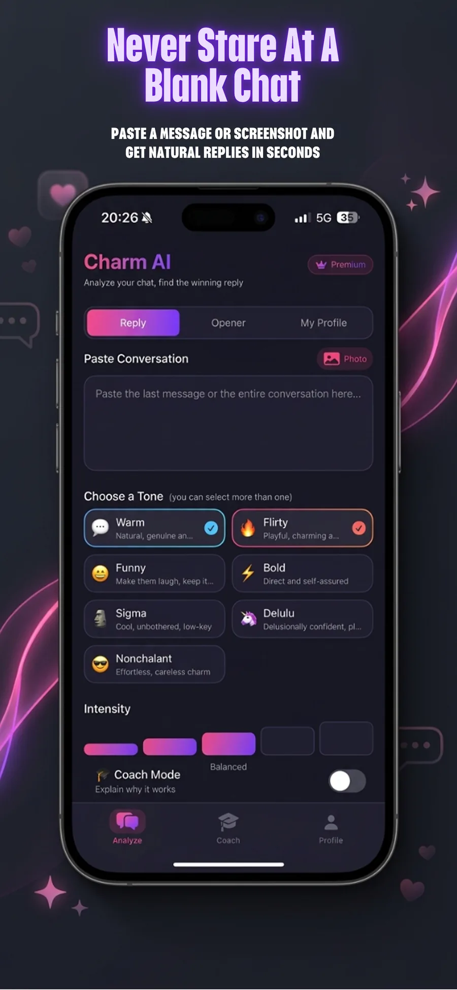 Charm AI reply screen with paste conversation