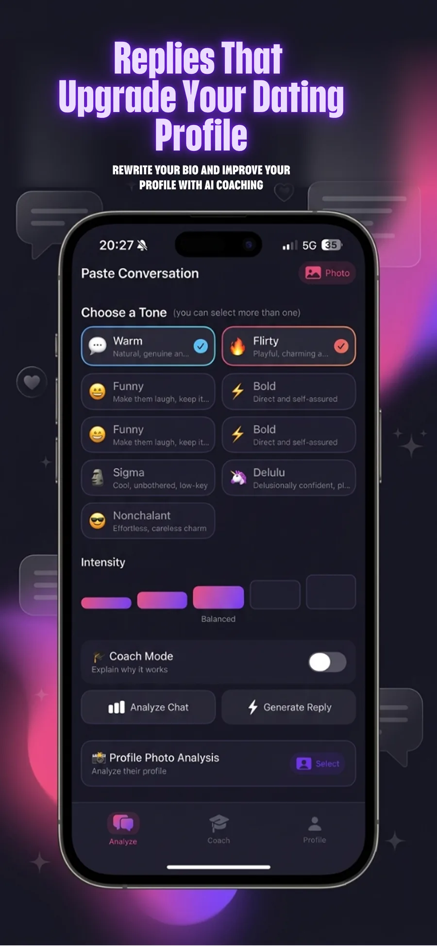 Charm AI reply screen with profile photo analysis