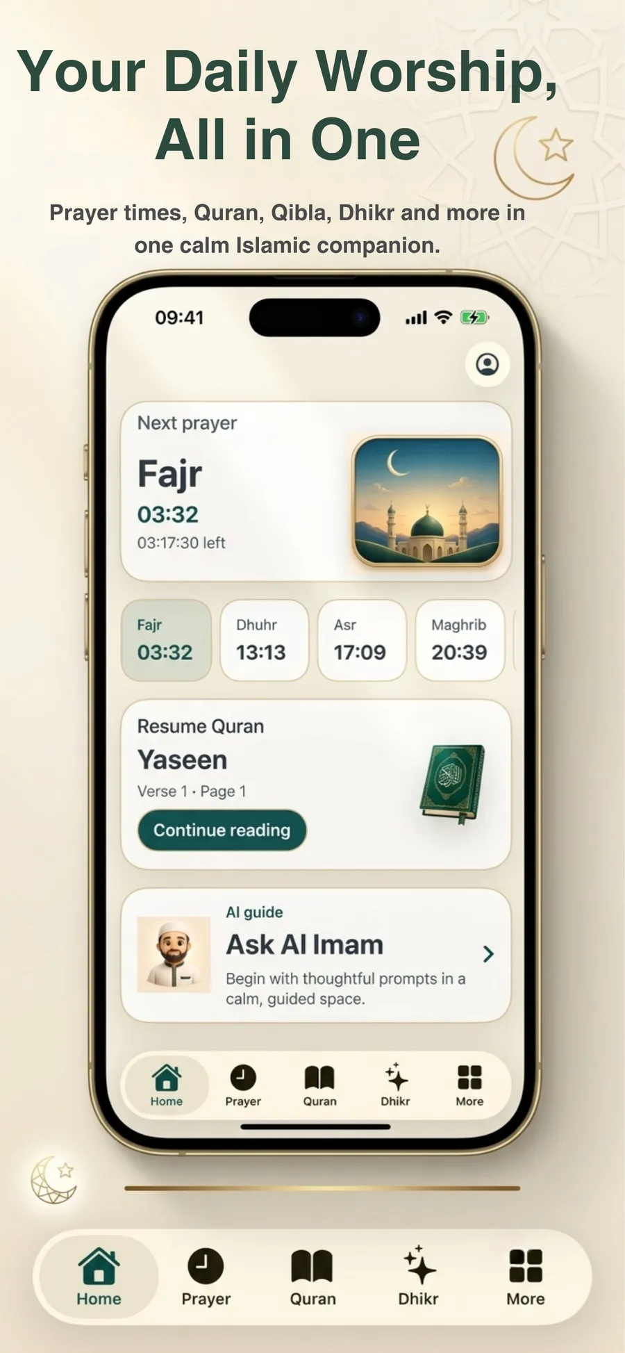 Safa home screen showing prayer times, Quran progress, and Ask Al Imam