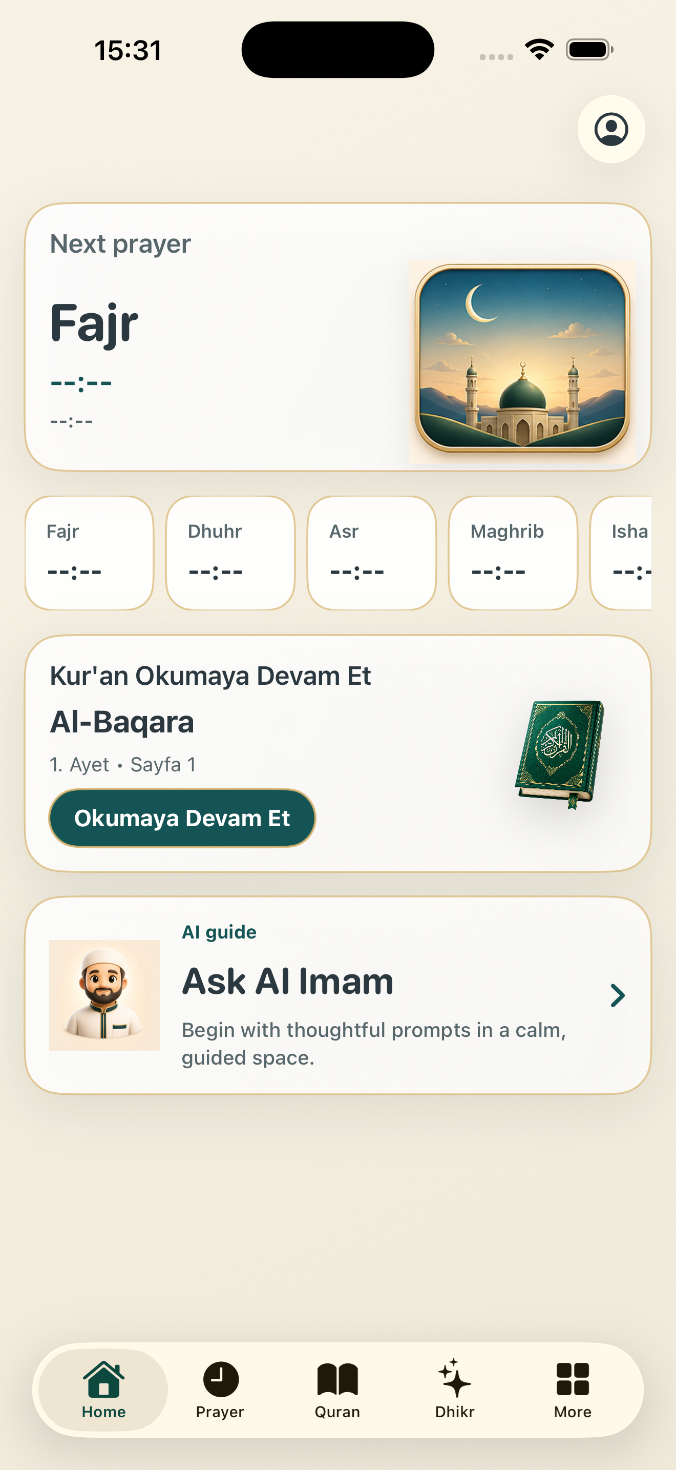 Safa home screen showing prayer times and Quran progress